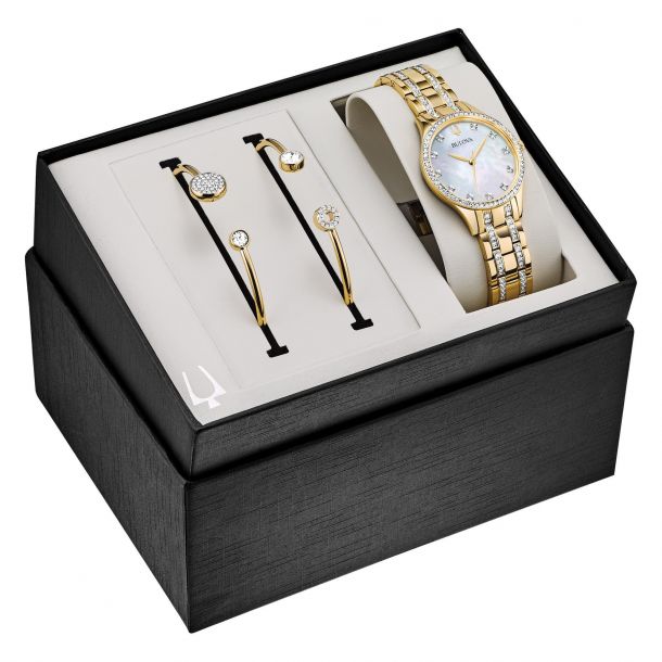 Ladies Bulova Crystal Mother of Pearl Dial Gold Tone Watch and Two Bangle Bracelet Set 32mm 98X119 REEDS Jewelers