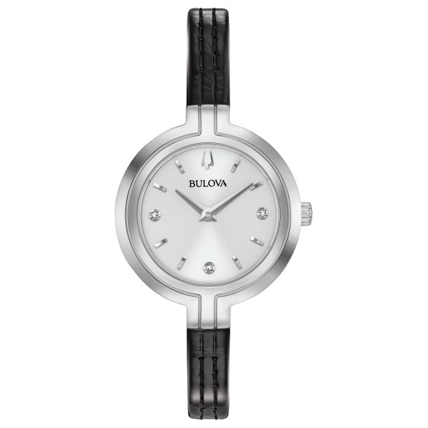 Ladies Bulova Rhapsody Diamond Black Leather Strap Watch 96P211