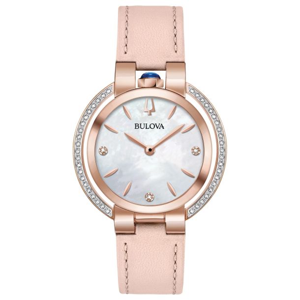 Ladies Bulova Rubaiyat Diamond Bezel Pink Leather Strap Watch 98R267