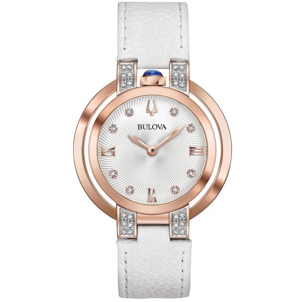 Ladies Bulova Rubaiyat Diamond White Leather Strap Watch 98R243