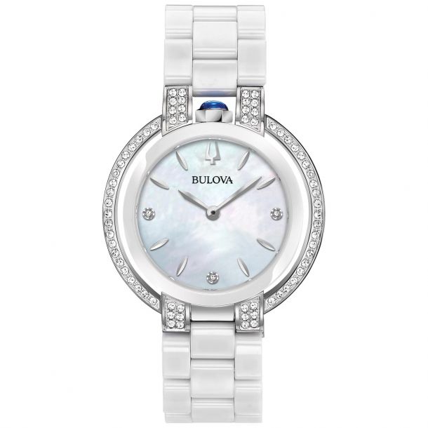 Ladies Bulova Rubaiyat Diamond White Ceramic Watch 35mm 98R265 REEDS Jewelers