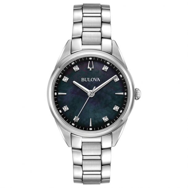 Ladies Bulova Classic Sutton Black Mother of Pearl Dial Diamond Bracelet Watch 96P198 REEDS Jewelers