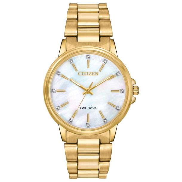 Ladies Citizen Eco Drive Chandler Crystal Yellow Gold Tone Stainless Steel 37mm Watch FE7032 51D REEDS Jewelers