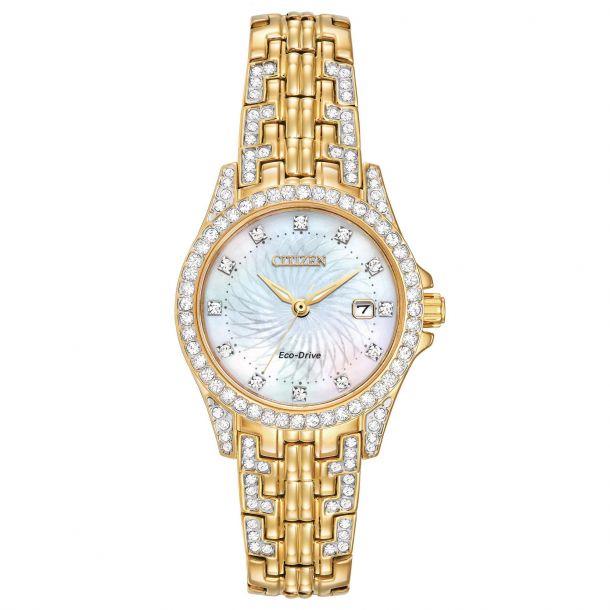 Ladies Citizen Eco Drive Silhouette Crystal Gold Tone Mother of Pearl Dial Watch REEDS Jewelers