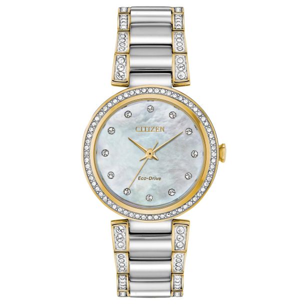 Ladies Citizen Eco Drive Silhouette Crystal Mother of Pearl Dial Watch 28mm EM0844 58D