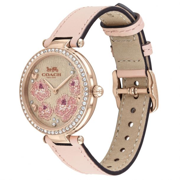 Ladies COACH Park Pink Floral Dial Leather Strap Watch 14503285