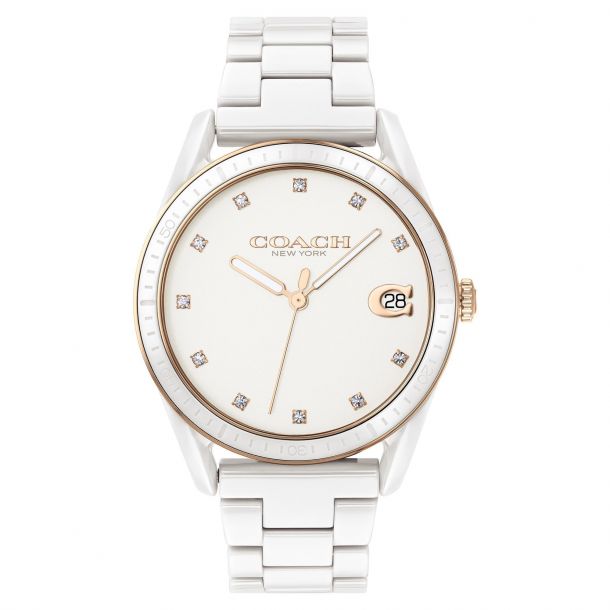 Ladies COACH Preston Crystal Accent White Ceramic Watch 14503263