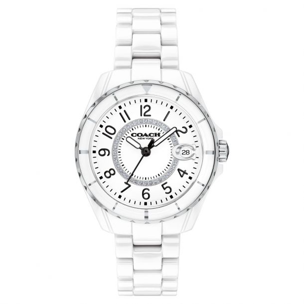 Ladies COACH Preston Crystal Accent White Ceramic Watch 14503462