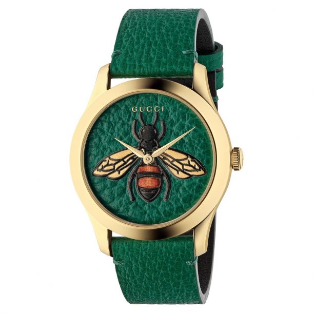 Ladies Gucci G Timeless Bee Green Leather Strap Watch YA1264065