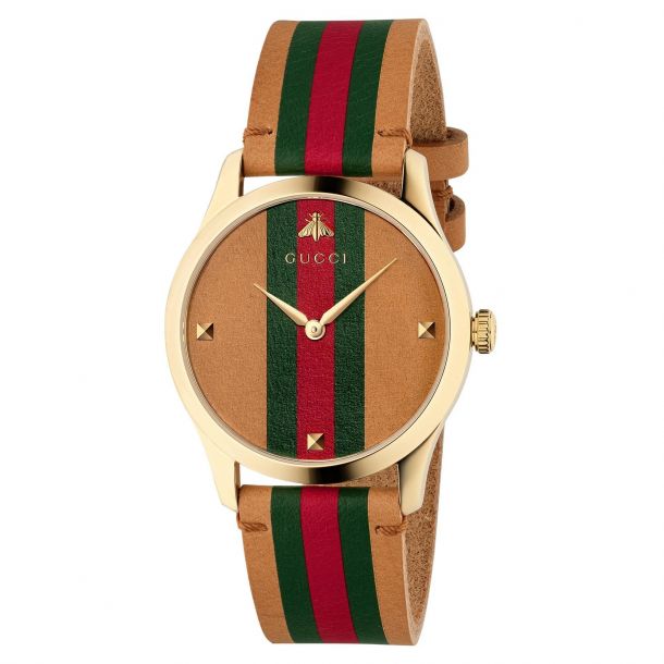 Ladies Gucci G Timeless Brown Red and Green Striped Leather