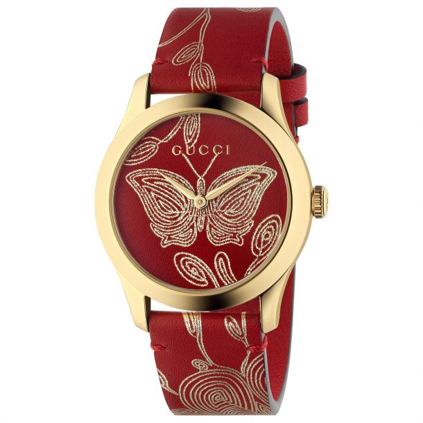 Ladies Gucci G Timeless Red Butterfly Leather Strap Watch