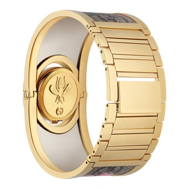Ladies Gucci Swiss Twirl Gold Tone and Pink Blooms Canvas Bracelet Watch YA112443 REEDS Jewelers