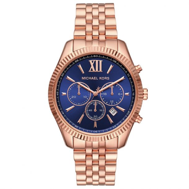 Ladies Michael Kors Lexington Chronograph Blue Dial Rose Gold Tone Stainless Steel Bracelet Watch MK6710