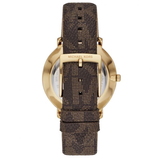 Ladies Michael Kors Pyper Gold Tone Stainless Steel Brown Logo Leather Strap Watch MK2857 REEDS Jewelers