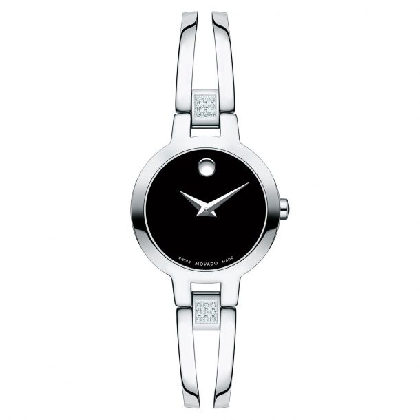 Ladies Movado Amorosa Stainless Steel Black Dial Diamond Watch