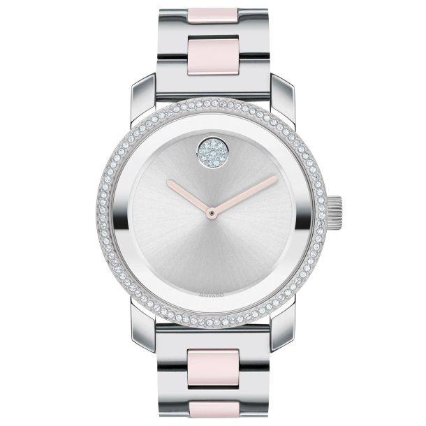 Ladies Movado BOLD Ceramic Crystal Pink and Stainless Steel Watch