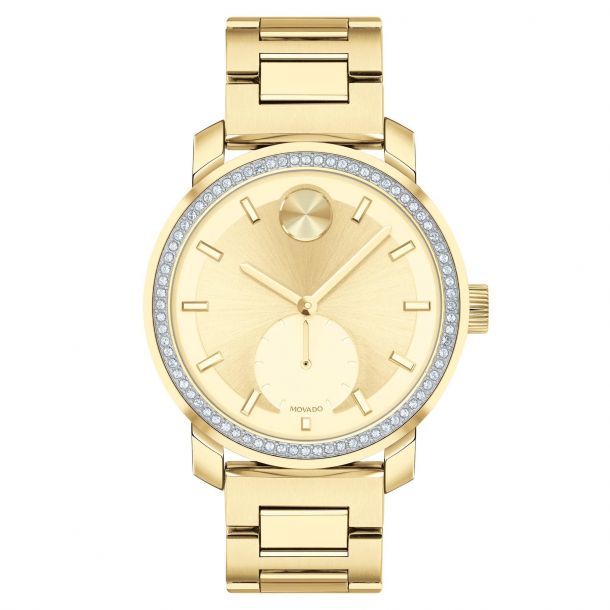 Ladies Movado BOLD Crystal Bezel Pale Gold Tone Stainless Steel Watch 3600619