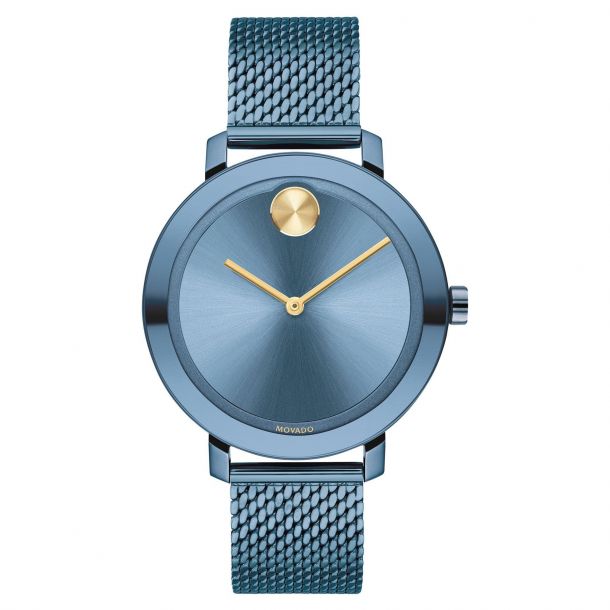 Movado BOLD Evolution Blue Ion Plated Stainless Steel Mesh Bracelet Watch 34mm 3600675 REEDS Jewelers