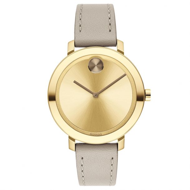 Ladies Movado BOLD Evolution Gold Tone and Beige Leather Strap Watch 3600642