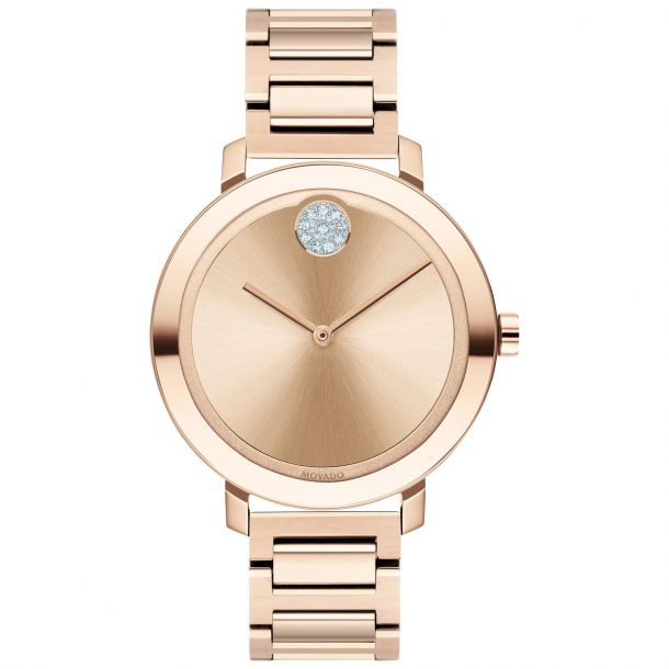 Ladies Movado BOLD Evolution Rose Gold Ion plated Stainless Steel Crystal Accent Watch 3600650 REEDS Jewelers