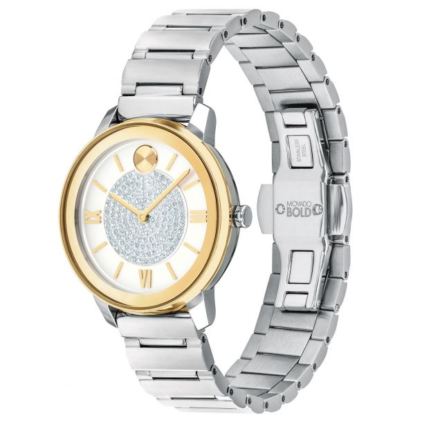 Ladies Movado BOLD Luxe Two Tone Stainless Steel Crystal Bracelet Watch 3600660 REEDS Jewelers
