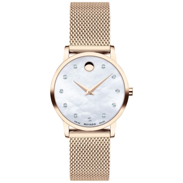 Movado Museum Classic Ionic Plated Rose Gold PVD Diamond Dial Watch 28mm 607492 REEDS Jewelers