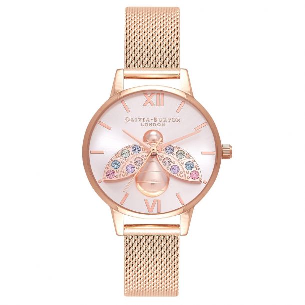 Ladies Olivia Burton Rainbow Bee Rose Gold Mesh Bracelet Watch OB16RB28
