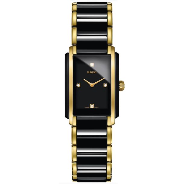 Ladies Rado Integral Diamonds Rectangular Case Black Ceramic and Gold Tone Watch R20845712