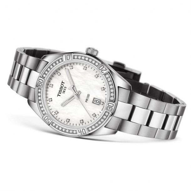 Tissot T Classic PR 100 Lady Sport Chic Special Edition Diamond Bezel and Stainless Steel Bracelet Watch 36mm T1019106111600 REEDS Jewelers