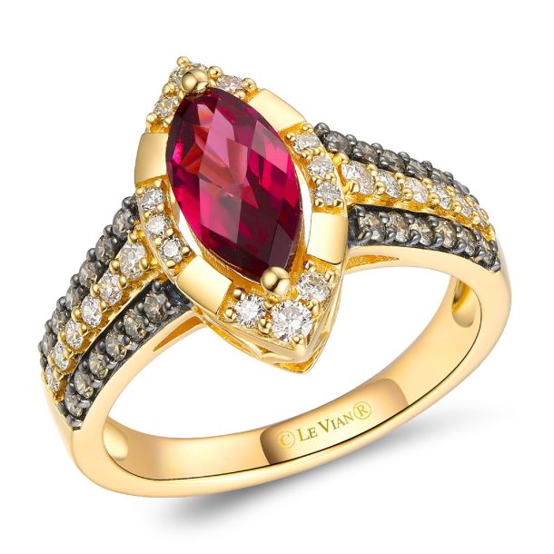 Le Vian Marquise Raspberry Rhodolite 5 8ctw Chocolate Diamonds and Nude Diamonds 14k Honey Gold Ring