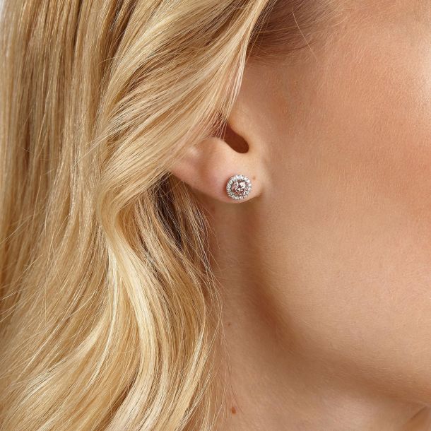 Lightbox 1ctw Pink Lab Grown Diamond Halo White Gold Stud Earrings REEDS Jewelers