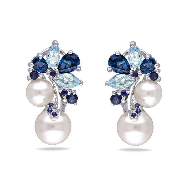 London and Sky Blue Topaz Sapphire and White Freshwater Cultured Pearl Cluster Earrings REEDS Jewelers