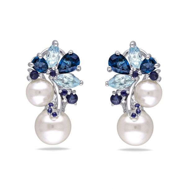 Buy Freshwater Pearl and Multi Sapphire Earrings in Sterling