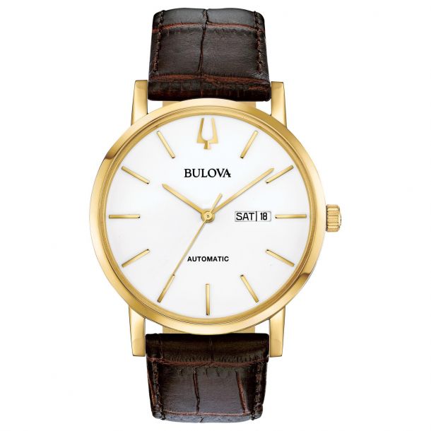 Men s Bulova Classic American Clipper Automatic White Dial Brown Leather Strap Watch 97C107