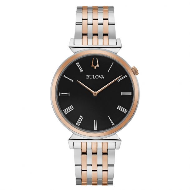 Men s Bulova Classic Regatta Black Dial Two Tone Stainless Steel Watch 96A234 REEDS Jewelers
