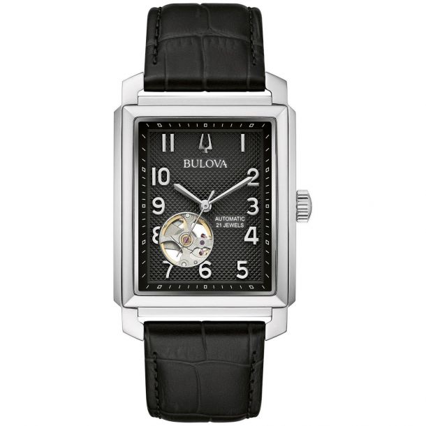 Bulova men's black leather strap watch new arrivals