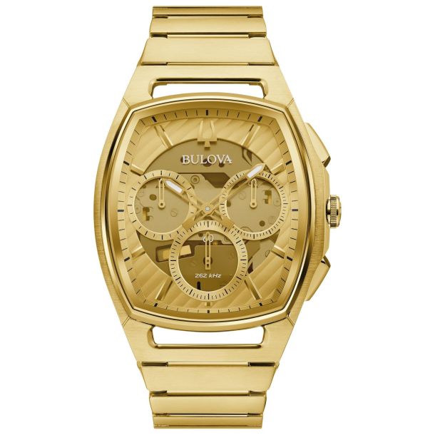 Men\'s Bulova CURV Chronograph Gold-Tone Stainless Steel Bracelet Watch |  41mm | 97A160 | REEDS Jewelers