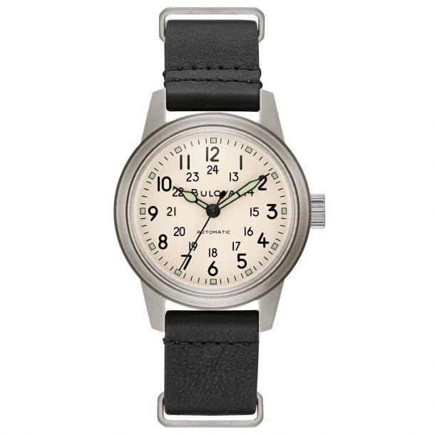 Men s Bulova Military Hack Automatic Black Leather NATO Strap
