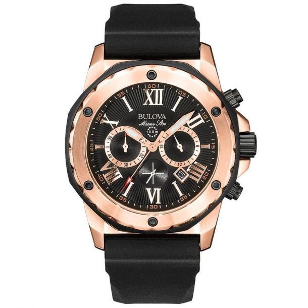 Men s Bulova Marine Star Black Rubber Strap Watch 44mm 98B104