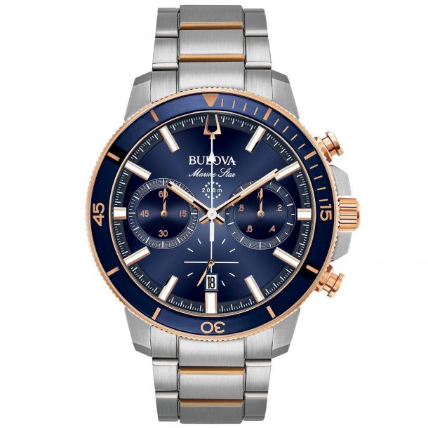 Men s Bulova Marine Star Two Tone Blue Dial Chronograph Watch 45mm 98B301 REEDS Jewelers