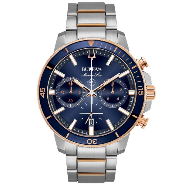 Men s Bulova Marine Star Two Tone Blue Dial Chronograph Watch 45mm 98B301 REEDS Jewelers