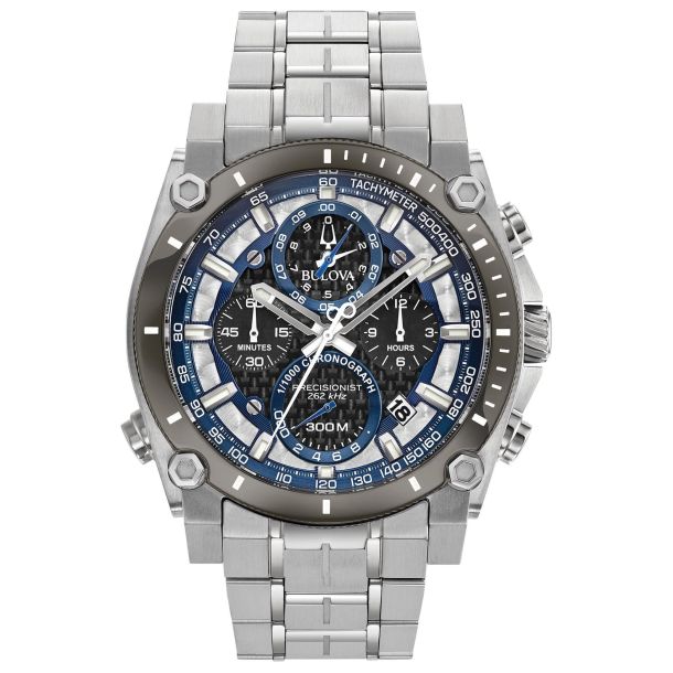 Men's Bulova Precisionist Chronograph Black Carbon Fiber Dial Bracelet  Watch | 46mm | 98B316 | REEDS Jewelers