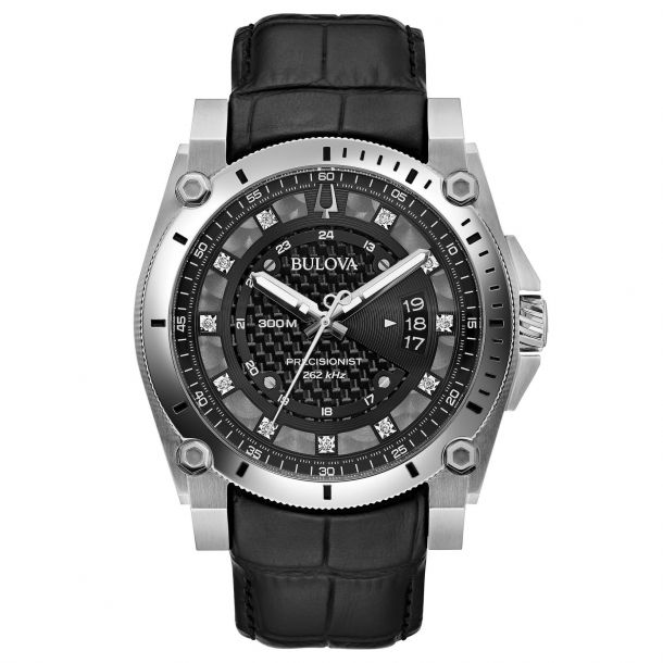 Bulova corporate collection men's black leather strap watch with diamond cheap