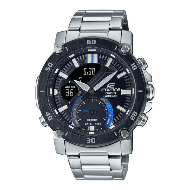 Men s Casio Edifice Full Time Smartphone Link Chronograph Stainless Steel and Black Ion Plated Watch ECB20DB 1A