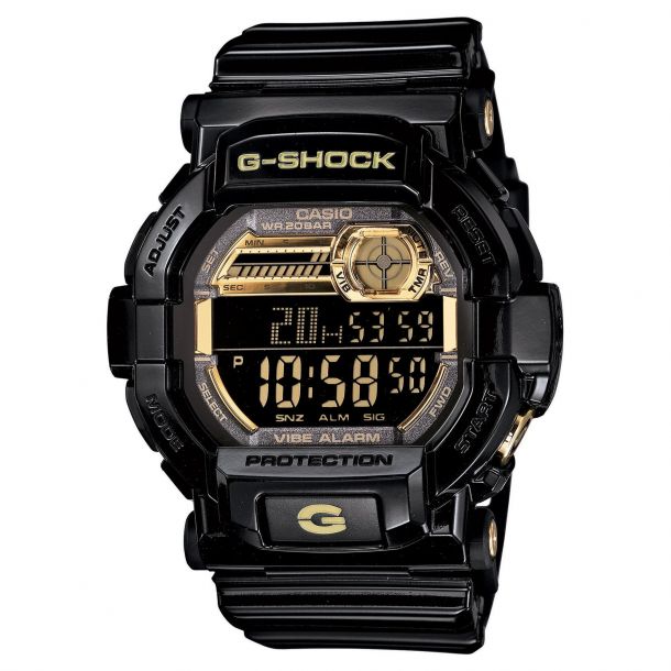 Men s Casio G Shock Digital Vibration Alert Black and Gold Tone Resin Watch GD350BR 1
