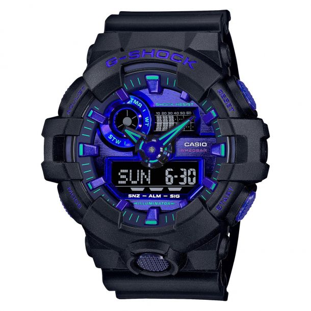 Men s Casio G Shock Virtual World Analog Digital Blue Violet Metallic Dial Watch GA700VB 1A REEDS Jewelers