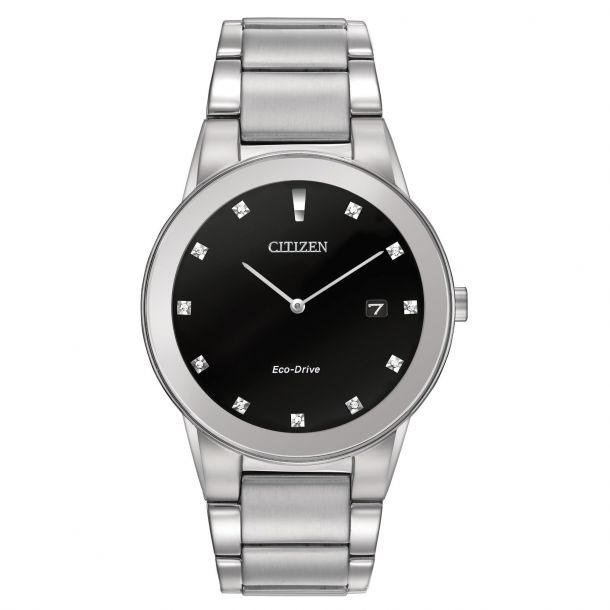 Men s Citizen Eco Drive Axiom Silver Tone Diamond Black Dial Watch