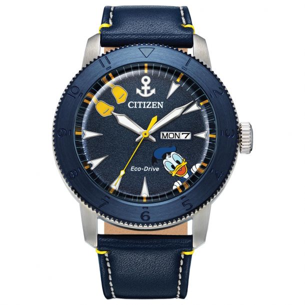 Men s Citizen Eco Drive Disney Donald Duck Blue Leather Strap Watch 44mm AW0075 06W REEDS Jewelers