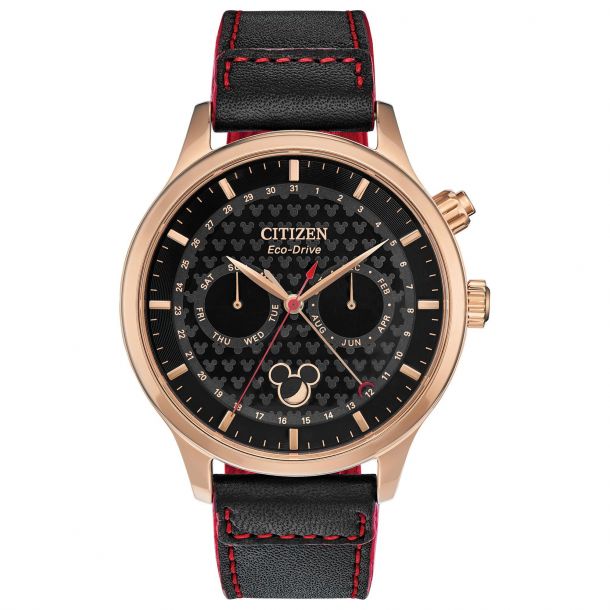 Men s Citizen Eco Drive Disney Mickey Mouse Moon Phase Rose Gold Tone Black Leather Strap Watch AP1053 23W