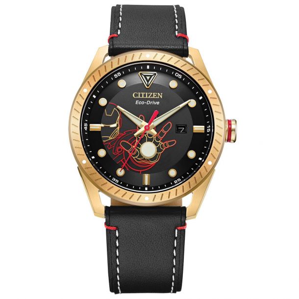 Men s Citizen Eco Drive Marvel Tony Stark Iron Man Black Leather Strap Watch 43mm BM6992 09W
